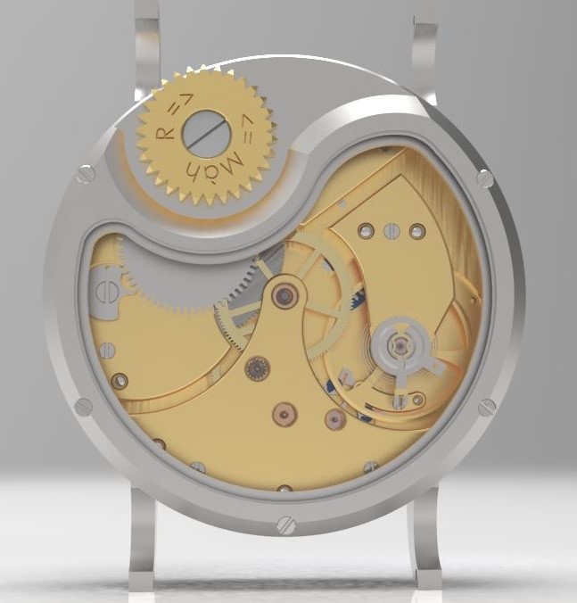 Fond saphir du Model 1 : le mouvement TL01 doré et la roue de remontage et de mise à l'heure